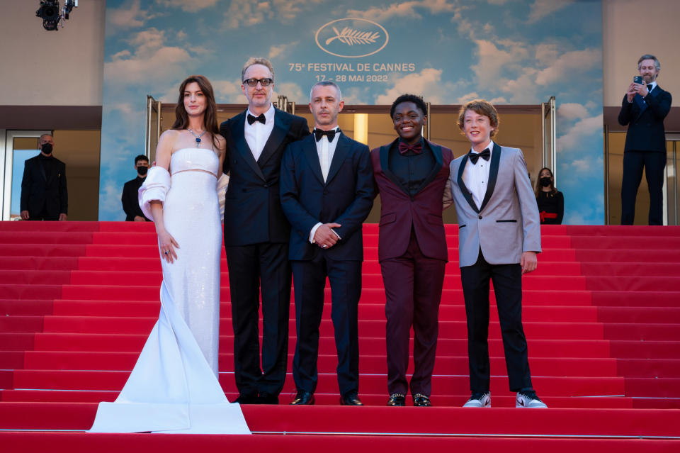 CANNES, FRANCE - MAY 19: Anne Hathaway, DAnne Hathaway, joined director James Gray, and Armageddon Time costars Jeremy Strong, Jaylin Webb and Michael Banks Repeta on the Cannes Film Festival red carpet. (Getty Images)irector James Gray, Jeremy Strong, Jaylin Webb and Michael Banks Repeta attend the screening of 