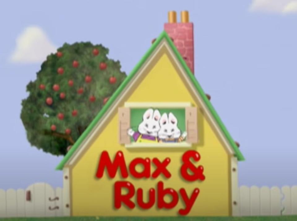 Brother and sister bunnies, Max and Ruby, are seen here in their house during the theme song of "Max & Ruby"