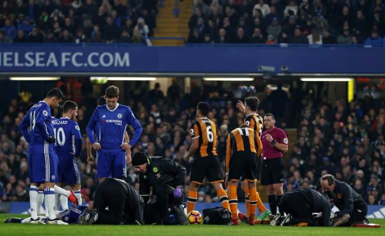 Chelsea's Gary Cahill and Hull City's Ryan Mason both received medical treatment after a clash of heads during the English Premier League match at Stamford Bridge, on January 22, 2017