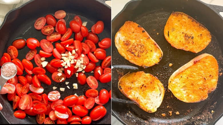 iron skillets with tomatoes and bread