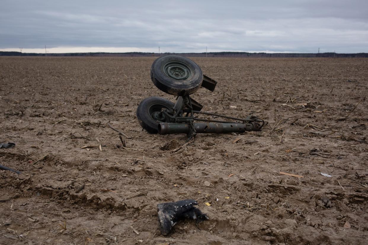 A view of destroyed Russian ammunition on March 5, 2022, in Sytniaky, Ukraine. Russia continues assault on Ukraine's major cities, including the capital Kyiv, more than a week after launching a large-scale invasion of the country.