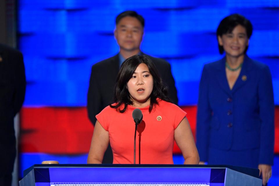 Rep. Grace Meng, D-N.Y., speaks as she stands with fellow Asian American and Pacific Island members of Congress, during the 2016 Democratic National Convention at Wells Fargo Center. on July 27, 2016, in Philadelphia.