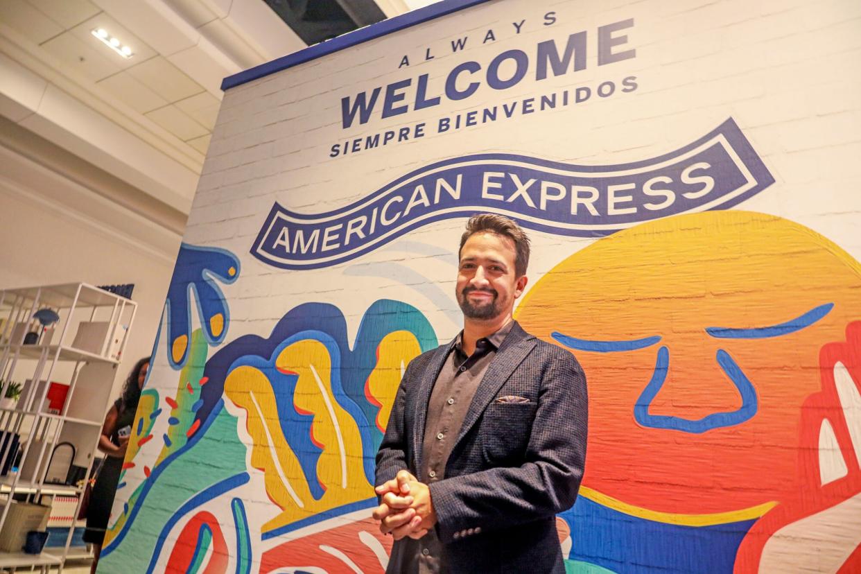 Lin-Manuel Miranda stands in front of a mural at the American Express Cafe at the L'attitiude Conference on Friday, Sept. 23, 2022 in San Diego, Calif. American Express, a primary sponsor of L'ATTITUDE, teamed up with longtime Amex Ambassador Lin-Manuel Miranda for Hispanic Heritage Month to shine a spotlight on the company's support of Hispanic and Latinx communities year-round.