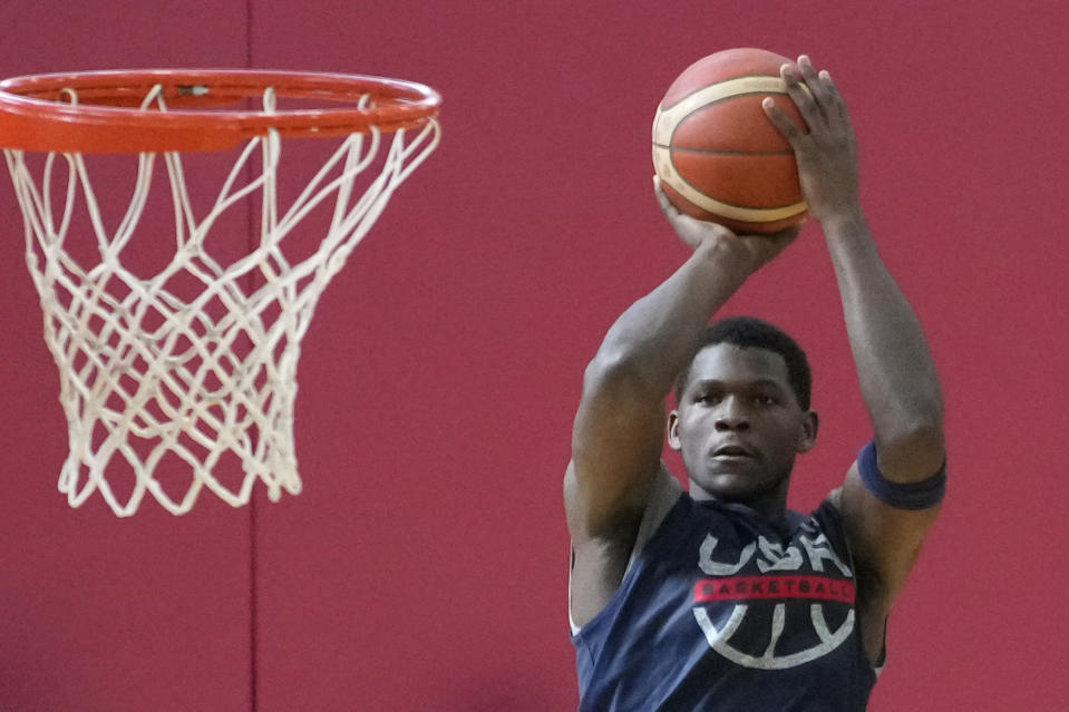 Anthony Edwards of the Minnesota Timberwolves shoots during training camp for the United States men's basketball team Friday, Aug. 4, 2023, in Las Vegas. (AP Photo/John Locher)