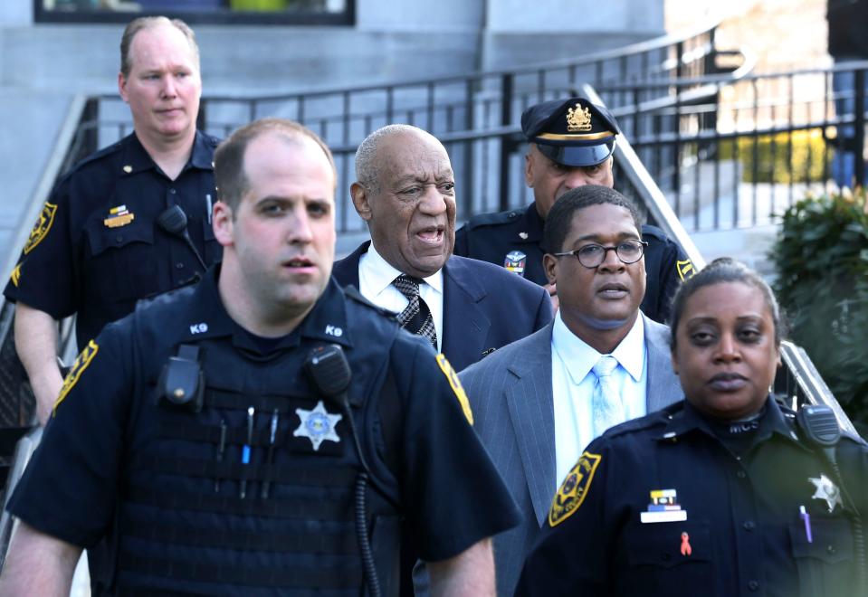 Bill Cosby, Andrew Wyatt. Bill Cosby, center, leaves hearings for jury selection in his sexual assault retrial with spokesperson Andrew Wyatt, second right, at the Montgomery County Courthouse in Norristown, Pa Bill Cosby, Norristown, USA - 05 Apr 2018