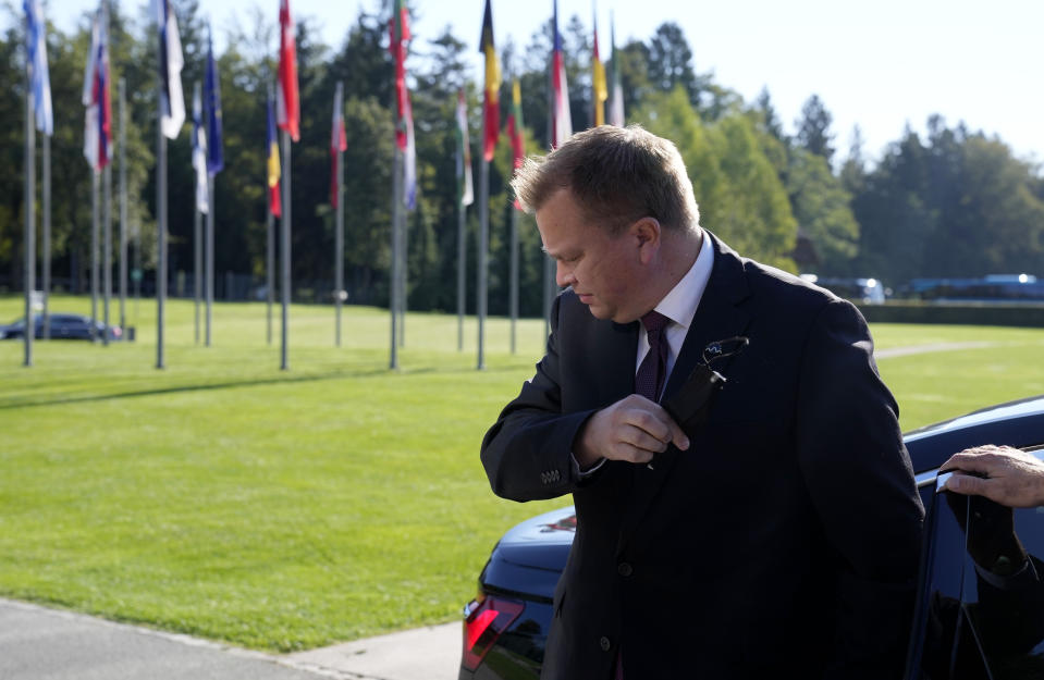 Bulgaria's Defense Minister Krasimir Karakachanov arrives for a meeting of EU defense ministers at the Brdo Congress Center in Kranj, Slovenia, Thursday, Sept. 2, 2021. (AP Photo/Darko Bandic)