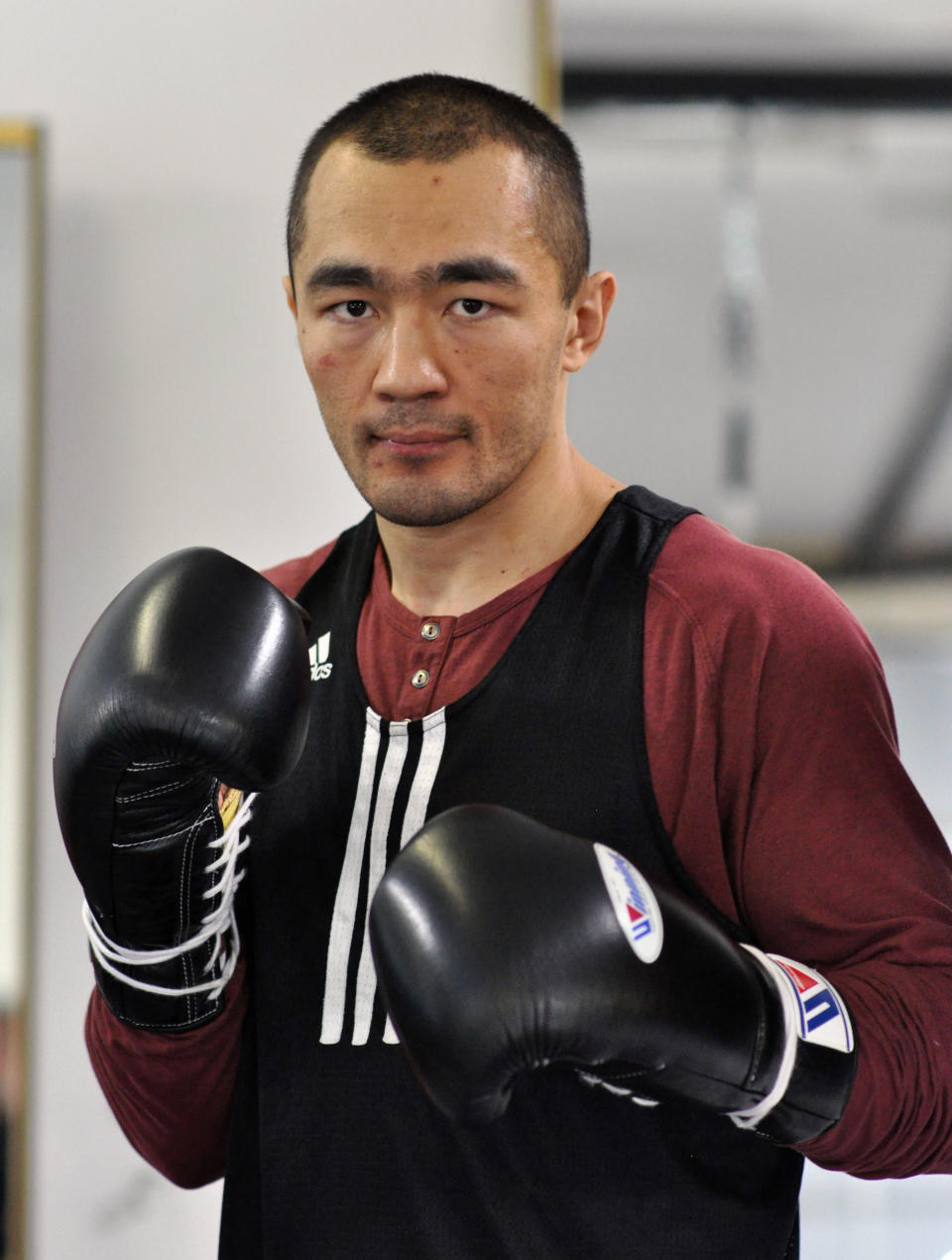 In this photo taken April 5, 2014, WBA and IBA light heavyweight boxing champion Beibut Shumenov, of Kazakhstan, poses in Las Vegas. Shumenov and IBF light heavyweight champion Bernard King will fight at the DC Armory on Saturday, April 19. (AP Photo/Joe Coomber)