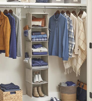 A six-shelf hanging closet organizer that will support your whole wardrobe