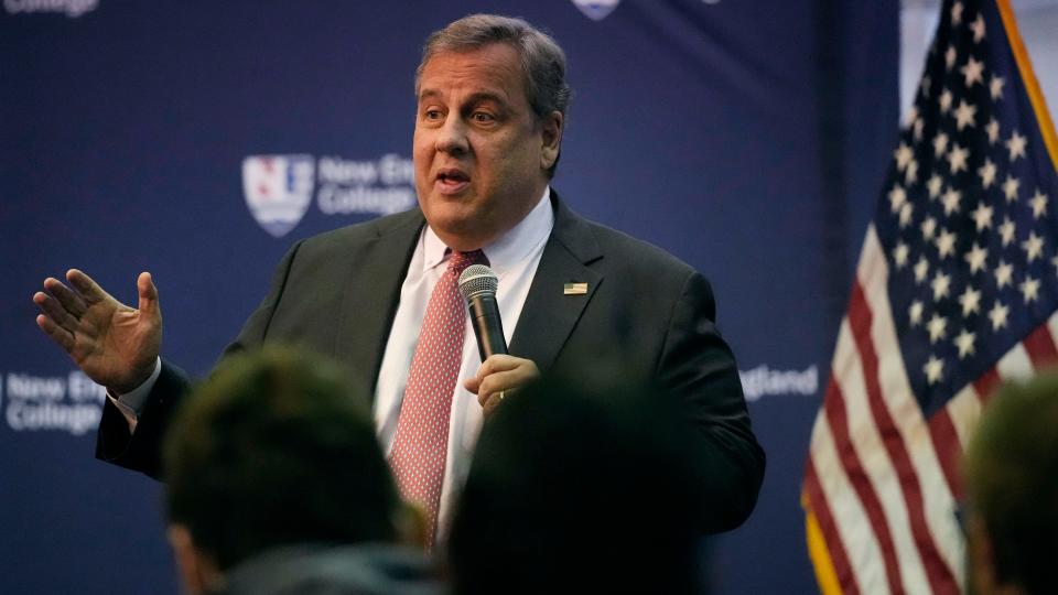 Former New Jersey Gov. Chris Christie addresses a gathering during a town hall style meeting at New England College, Thursday, April 20, 2023, in Henniker, N.H.