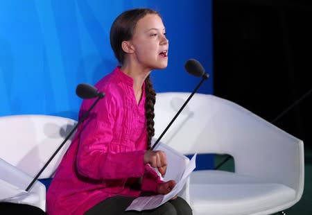 16-year-old Swedish Climate activist Greta Thunberg speaks at the 2019 United Nations Climate Action Summit at U.N. headquarters in New York City, New York, U.S.