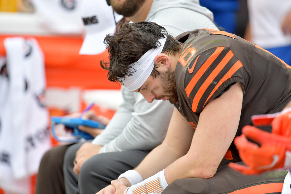 CLEVELAND, OHIO - SEPTEMBER 08: Quarterback Baker Mayfield #6 of the Cleveland Browns hangs his head while on the bench during the second half against the Tennessee Titans at FirstEnergy Stadium on September 08, 2019 in Cleveland, Ohio. The Titans defeated the Browns 43-13.  (Photo by Jason Miller/Getty Images)