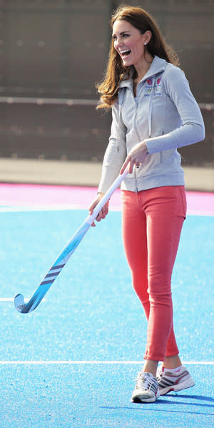 <b>A good sport</b><br><br> When she's not parading around in ball gowns, Kate also loves to let loose and embrace her athletic side. With a big grin, Kate showed off her hockey skills, as well as her on-trend coral jeans, grey GB tracksuit top and Adidas trainers.