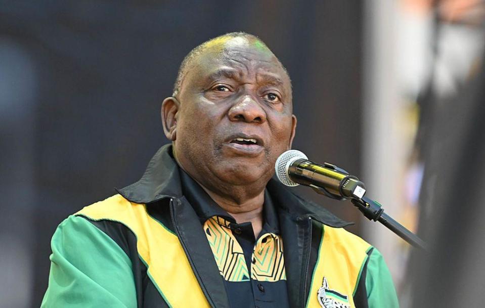 Cyril Ramaphosa, President of South Africa and leader of the ruling African National Congress (ANC) party, during the Siyanqoba rally at the FNB Stadium in Johannesburg, South Africa, on Saturday, May.  25, 2024