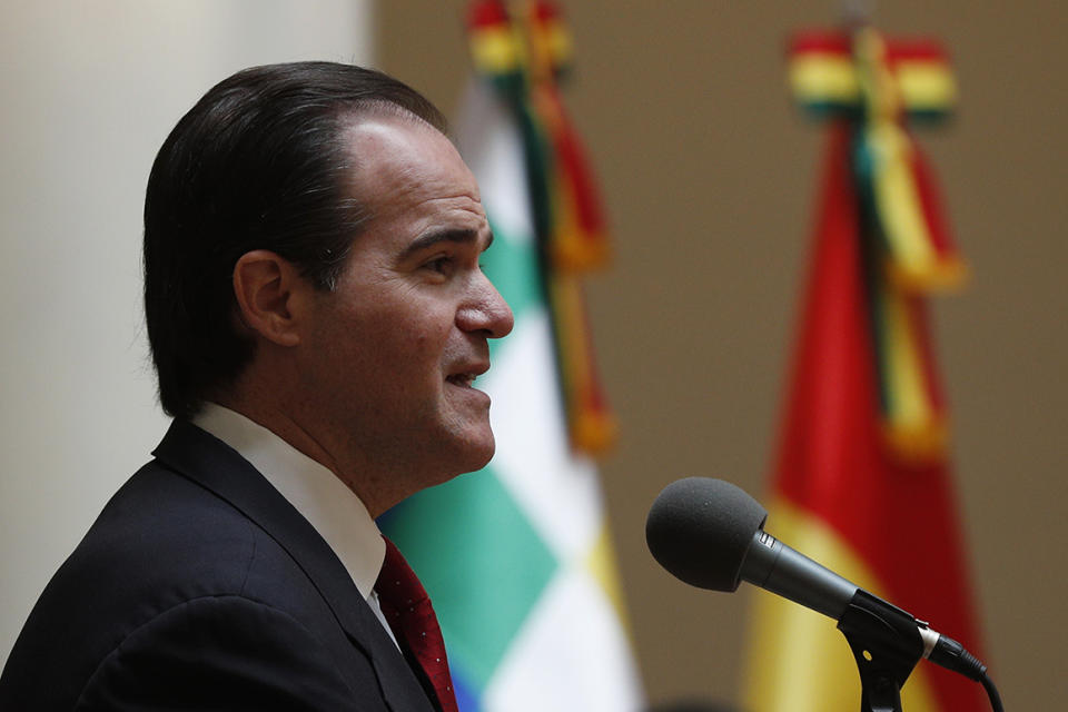 Mauricio Claver-Carone, deputy assistant to President Donald Trump and senior director for Western Hemisphere affairs, speaks to the press after meeting with Bolivia's Foreign Minister Karen Longaric in La Paz, Bolivia, Wednesday, Jan. 15, 2020. (AP Photo/Juan Karita)