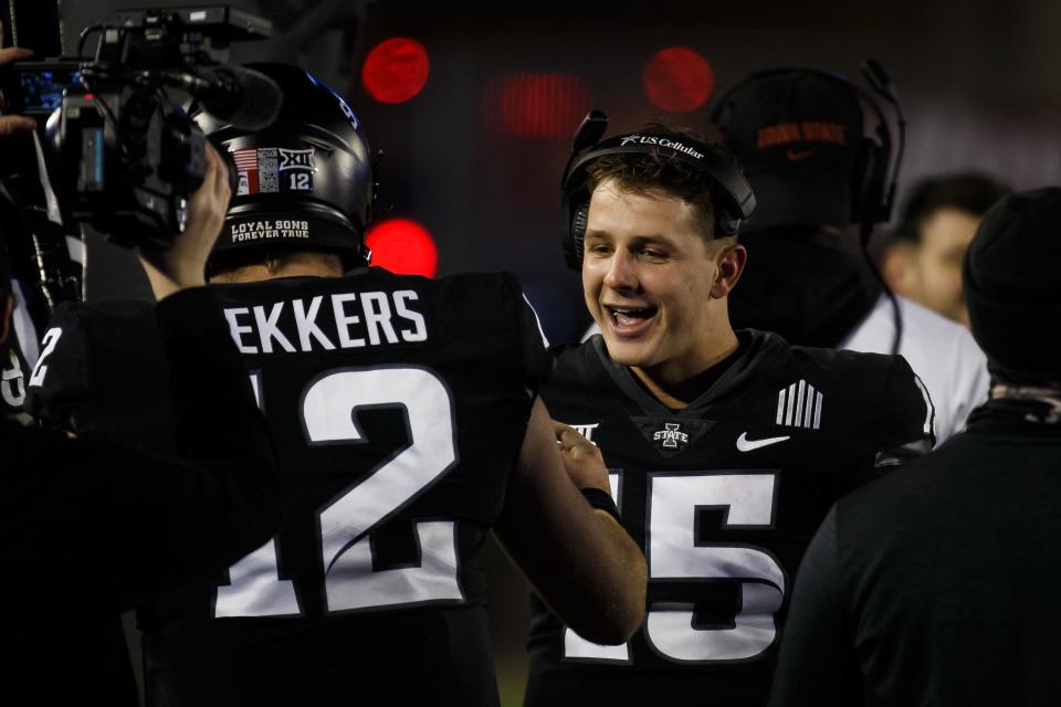 Brock Purdy (15) and Hunter Dekkers share a moment during a 2020 game against Kansas State. Saturday, Dekkers will be the Cyclones' first non-Purdy starter since 2018.