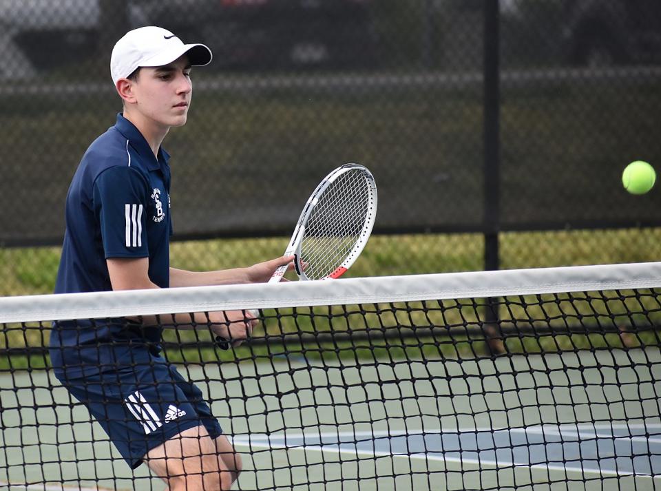 Somerset Berkley first doubles player Matthew Carlesi eyes the ball in Thursday's match against Seekonk at Chapman Courts in Somerset.