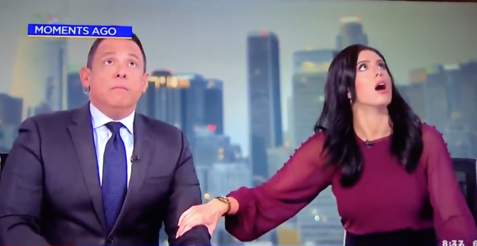 US television journalists Juan Fernandez and Sara Donchey panicking live on-air as an earthquake rocked California.