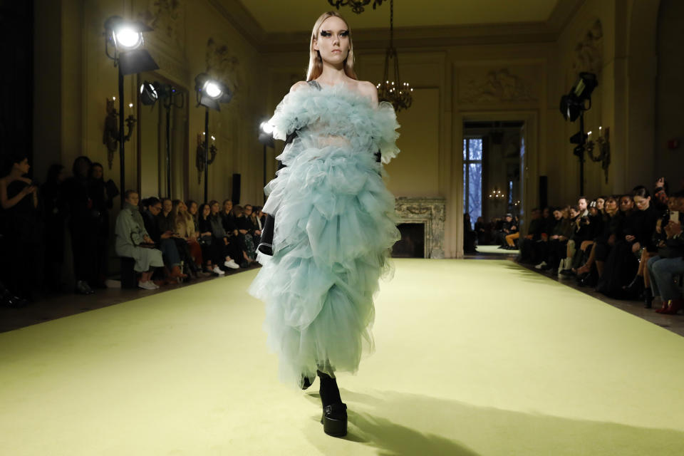 The Vera Wang collection is modeled during Fashion Week in New York, Tuesday, Feb. 11, 2020. (AP Photo/Richard Drew)