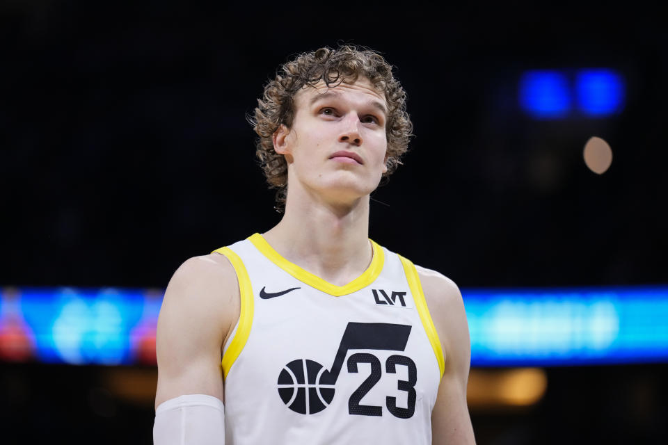ORLANDO, FLORIDA - FEBRUARY 29: Lauri Markkanen #23 of the Utah Jazz looks on against the Orlando Magic during the third quarter at Kia Center on February 29, 2024 in Orlando, Florida. NOTE TO USER: User expressly acknowledges and agrees that, by downloading and or using this photograph, user is consenting to the terms and conditions of the Getty Images License Agreement. (Photo by Rich Storry/Getty Images)