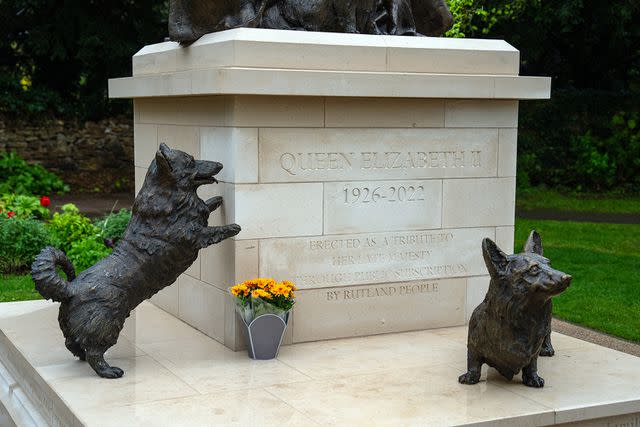 <p>Carl Court/Getty Images</p> The base of the new statue of Queen Elizabeth on April 22, 2024 in Oakham, England.