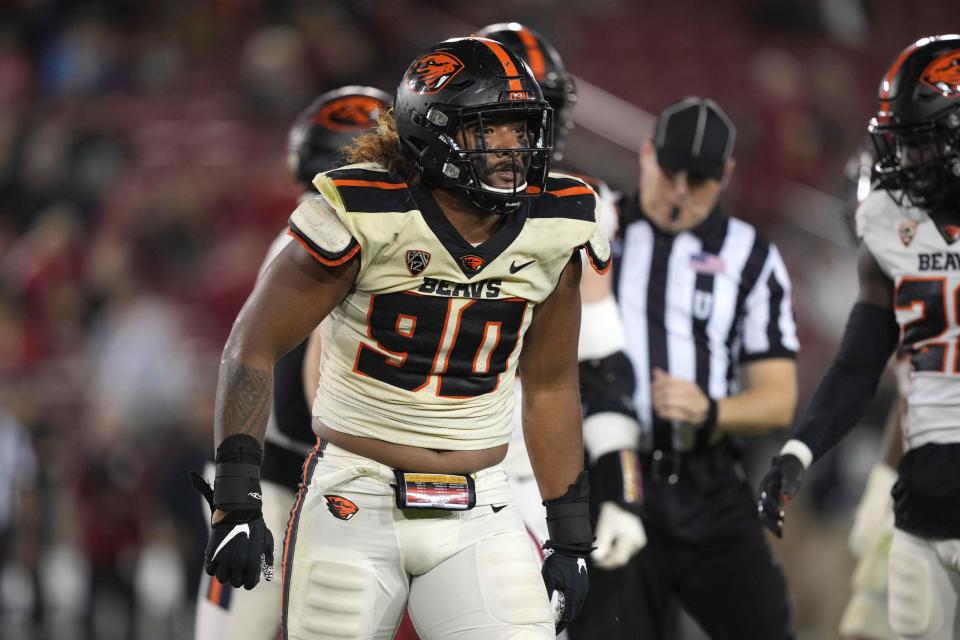 Oregon State Beavers defensive lineman Sione Lolohea (90) during the third quarter against the Stanford Cardinal at Stanford Stadium on Oct. 8, 2022, in Stanford, California.