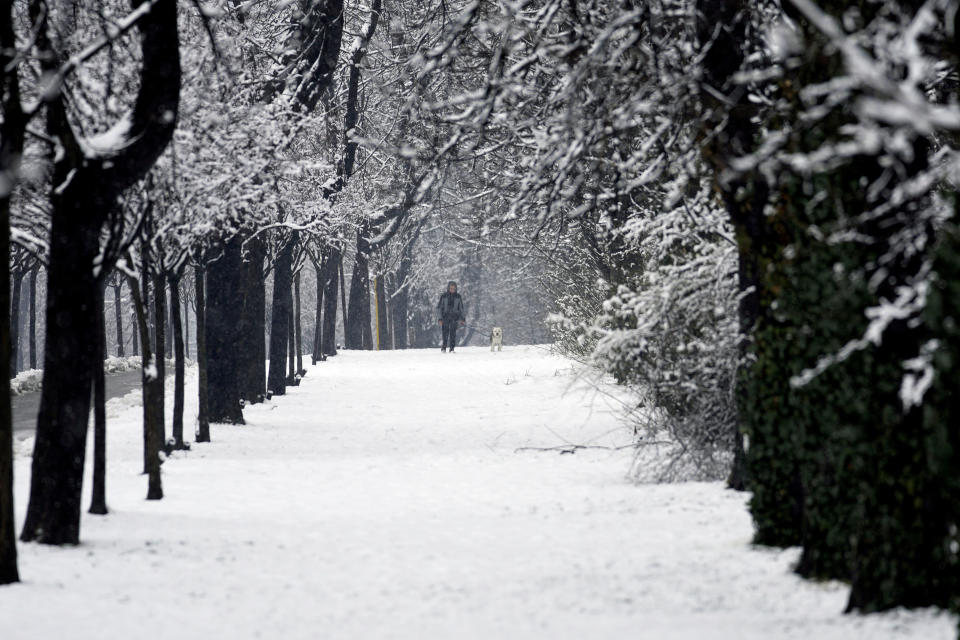 A woman with a dog walks through a snow covered street in Belgrade, Serbia, Sunday, Feb. 26, 2023. Serbia and the rest of the region were hit by a sudden weather change this weekend that brought rain and snow after a warm period. (AP Photo/Darko Vojinovic)
