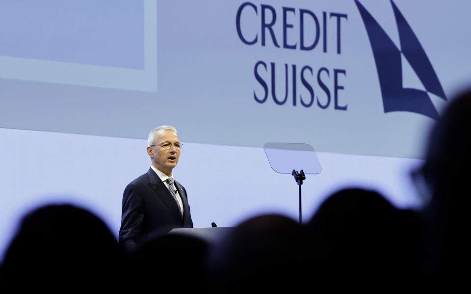 Credit Suisse chairman Axel Lehmann addresses the shareholder meeting in Zurich - Stefan Wermuth/Bloomberg