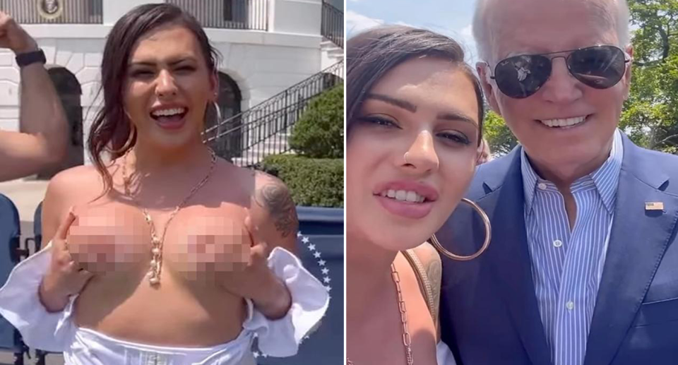 Trans model flashing breasts at White House with Joe Biden. 