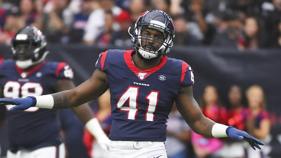 Houston Texans inside linebacker Zach Cunningham (41) during the first half of an NFL football game against the Oakland Raiders Sunday, Oct. 27, 2019, in Houston. (AP Photo/Eric Christian Smith)