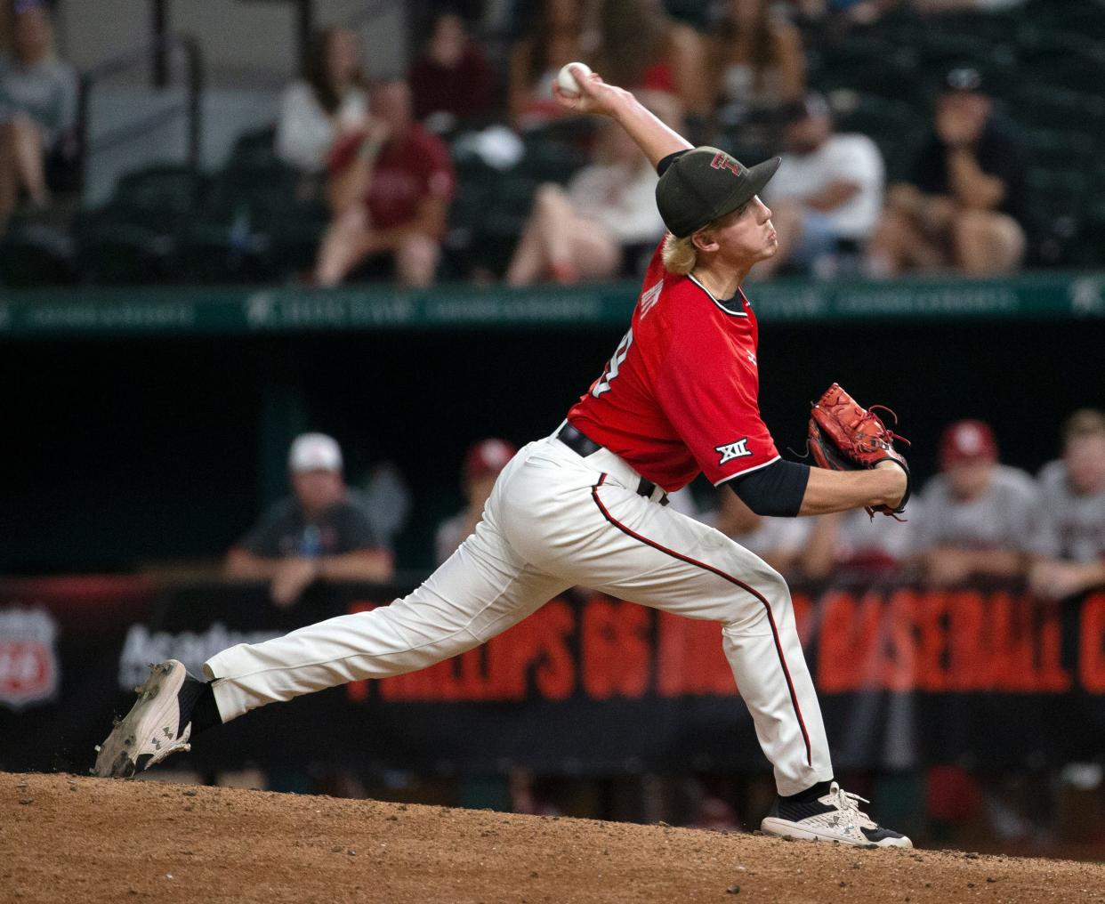 Texas Tech's Jamie Hitt (29) pitches against Oklahoma in the second-round Big 12 tournament game, Thursday, May 26, 2022, at Globe Life Field in Arlington. Oklahoma won, 6-3.