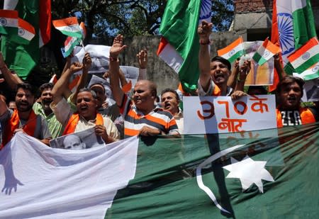 Supporters of Shiv Sena, a Hindu hardline group, shout slogans during a protest against Pakistan in Jammu