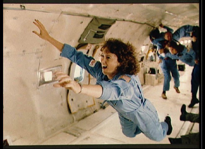 Sharon Christa McAuliffe received a preview of microgravity during a special flight aboard NASA's KC-135 "zero gravity" aircraft. A special parabolic pattern flown by the aircraft provides short periods of weightlessness. (1986)  Caption courtesy About.com  Picture courtesy of the NASA Johnson Space Center (NASA-JSC).