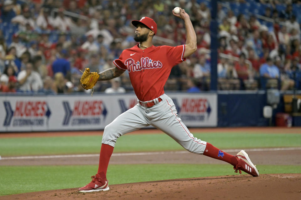Philadelphia Phillies starter Cristopher Sanchez pitches against the Tampa Bay Rays during the first inning of a baseball game Thursday, July 6, 2023, in St. Petersburg, Fla. (AP Photo/Steve Nesius)