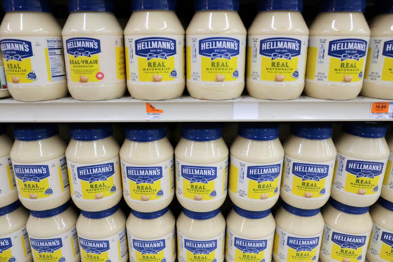FILE PHOTO: Hellmann's, a brand of Unilever, is seen on display in a store in Manhattan, New York City