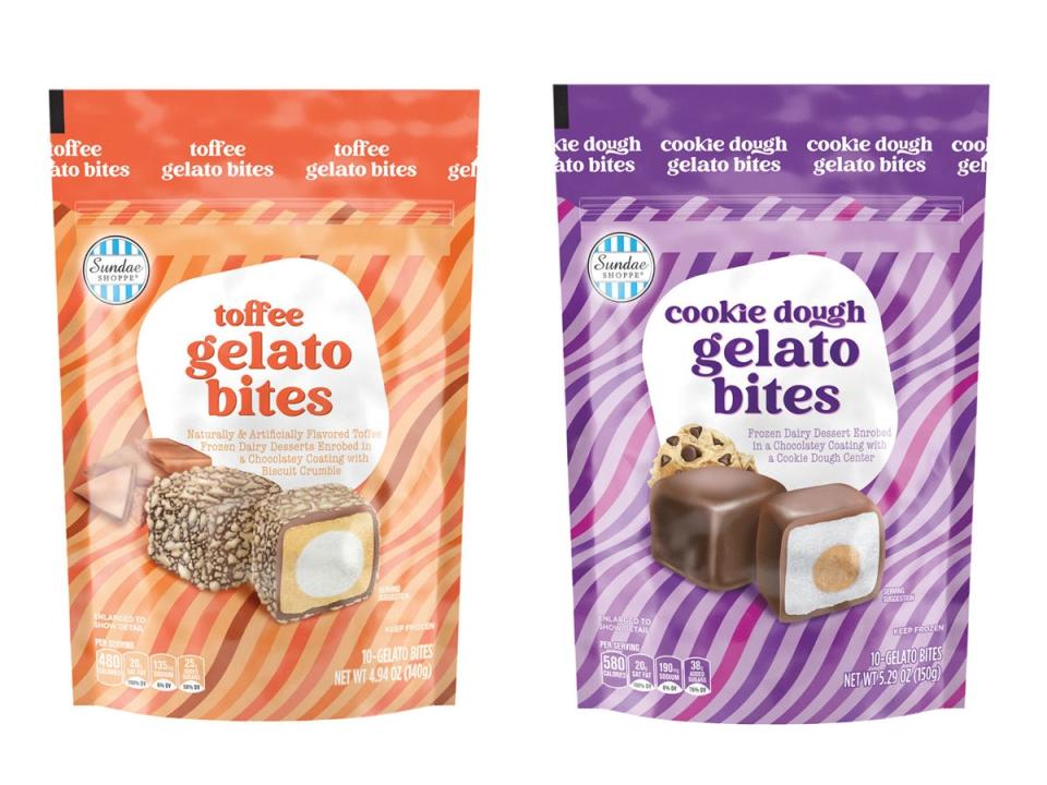 Two bags of Sundae Shoppe gelato bites in toffee and cookie-dough flavors.