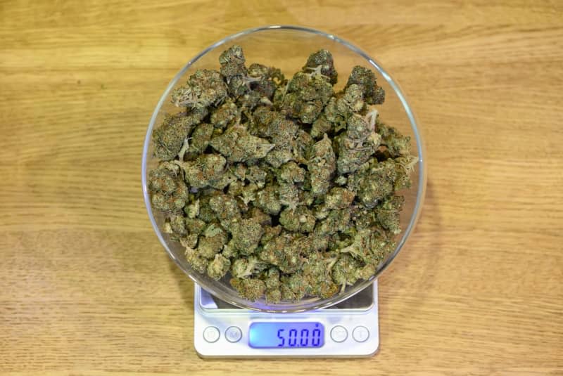 A bowl of 50 grams of cannabis flowers stands on a scale in the "Sanaleo" store for CBD products. Germany plans to legalize cannabis as of April after lengthy wrangling between the governing parties over the final details and health protections. Robert Michael/dpa