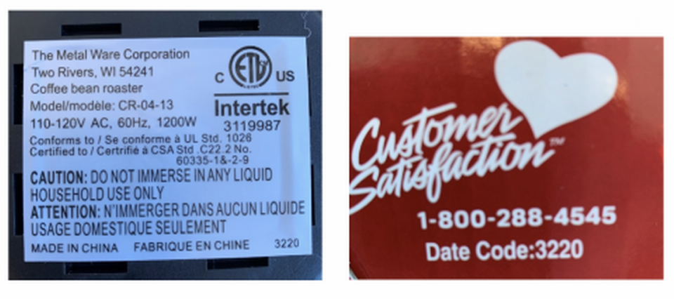 The ETL label and the box label, each with the date code of the NESCO Coffee Bean Roaster