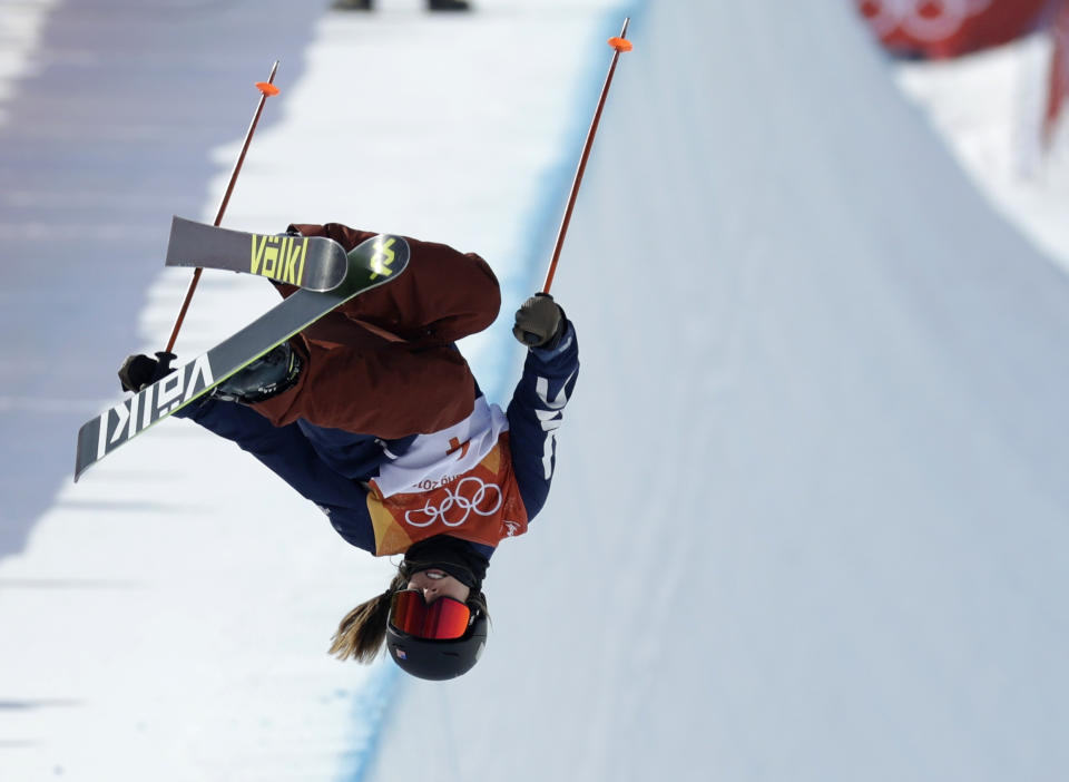 <p>Maddie Bowman, of the United States, jumps during the women’s halfpipe final at Phoenix Snow Park at the 2018 Winter Olympics in Pyeongchang, South Korea, Tuesday, Feb. 20, 2018. (AP Photo/Kin Cheung) </p>
