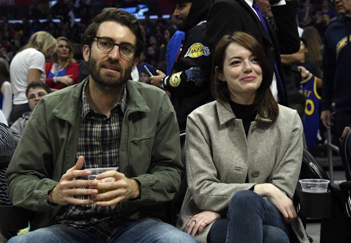 Emma Stone and Dave McCary attend the Golden State Warriors and Los Angeles Clippers basketball game at Staples Center on January 18, 2019, in Los Angeles, California