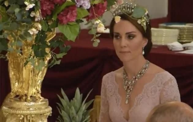 Sources say Kate and Wills had a 'trial coronation' at the state dinner last week. Here Kate is pictured at the gala in a pink Marchesa dress. Photo: Sky News