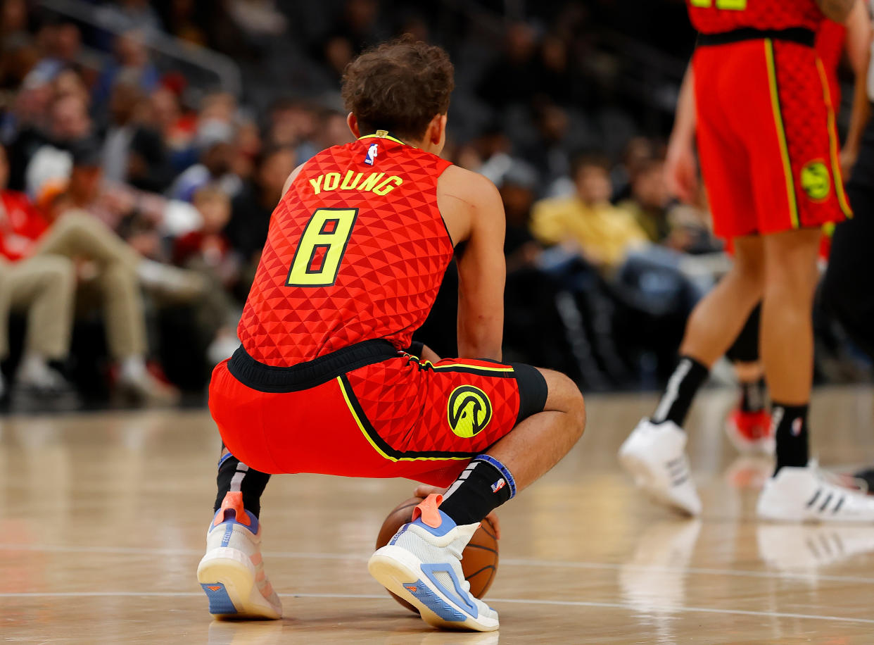 Trae Young wore No. 8 instead of his usual No. 11 in honor of Kobe Bryant during the Hawks' game Sunday. (Photo by Kevin C. Cox/Getty Images)