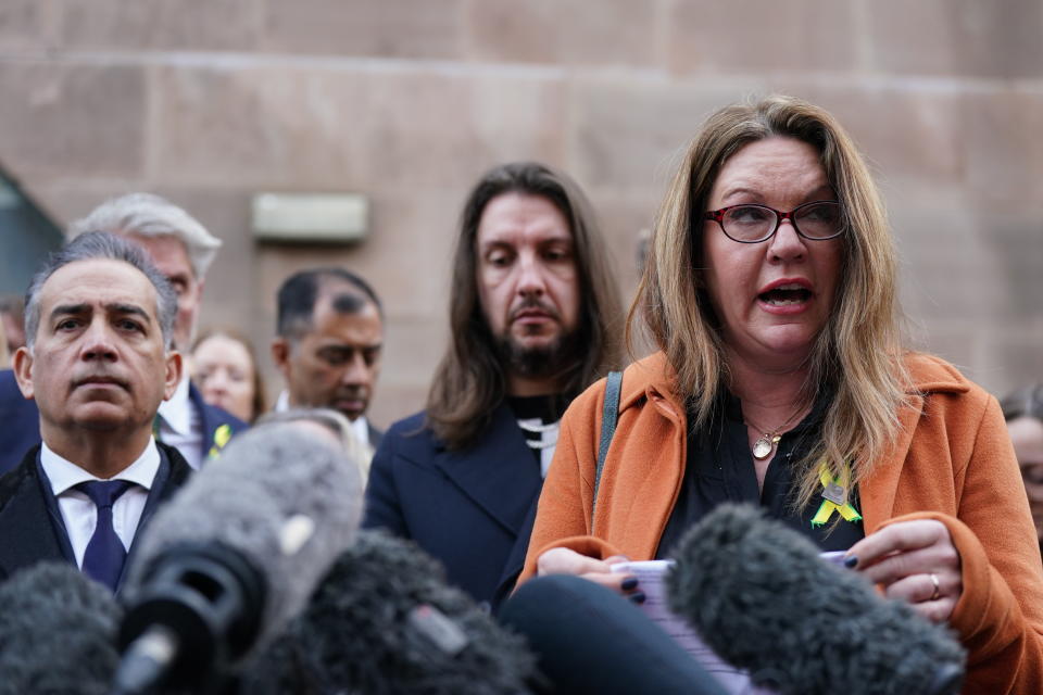 Emma Webber, mother of Barnaby Webber making a statement alongside relatives of the victims, outside Nottingham Crown Court after Valdo Calocane, who stabbed three people to death in Nottingham city centre and attacked three others, was sentenced to a hospital order after admitting manslaughter by diminished responsibility and attempted murder. Calocane stabbed students Barnaby Webber and Grace O'Malley-Kumar, both 19, and school caretaker Ian Coates, 65, in the early hours of June 13 last year. Picture date: Thursday January 25, 2024. (Photo by Jacob King/PA Images via Getty Images)