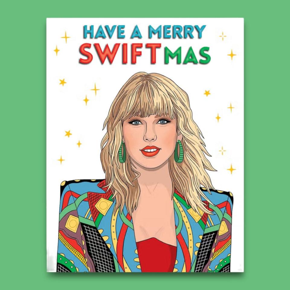 <p><a href="https://go.redirectingat.com?id=74968X1596630&url=https%3A%2F%2Ffriendsnyc.com%2Fproducts%2Ftaylor-swift-merry-swiftmas-the-found-holiday-cards-christmas-cards-2023&sref=https%3A%2F%2Fwww.biography.com%2Fbio-buys%2Fg46120023%2Fbest-taylor-swift-gifts%2F" rel="nofollow noopener" target="_blank" data-ylk="slk:Shop Now;elm:context_link;itc:0;sec:content-canvas" class="link ">Shop Now</a></p><p>Merry Swiftmas Holiday Card</p><p>friendsnyc.com</p><p>$3.49</p>