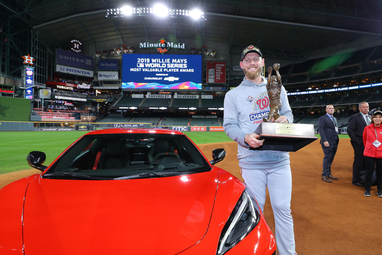 HOUSTON, TX - OCTOBER 30: Stephen Strasburg #37 of the Washington Nationals receives the 2019 Willie Mays World Series MVP award presented by Chevy after Game 7 of the 2019 World Series between the Washington Nationals and the Houston Astros at Minute Maid Park on Wednesday, October 30, 2019 in Houston, Texas. (Photo by Alex Trautwig/MLB Photos via Getty Images)