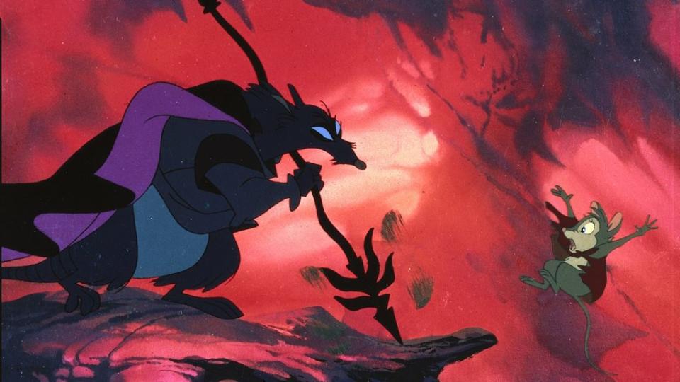 mrs brisby meets an intelligent rat and falls off a ledge in a scene from 'the scret of nimh,'a good housekeeping pick for best scary movies for kids