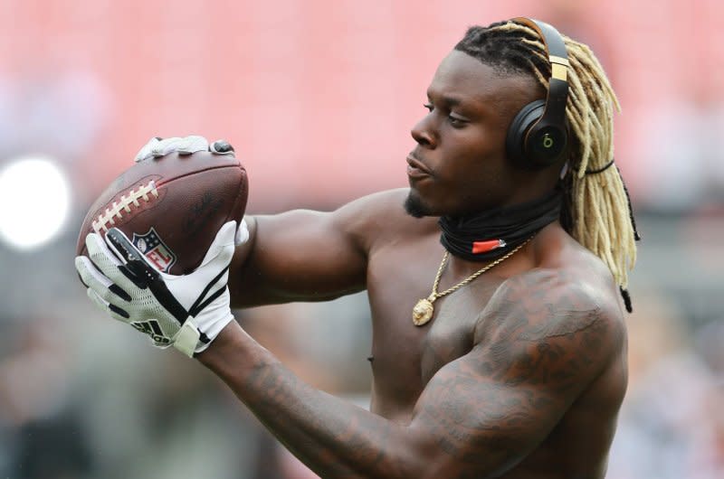 Cleveland Browns tight end David Njoku catches passes prior to a game against the Cincinnati Bengals on Sunday in Cleveland. Photo by Aaron Josefczyk/UPI