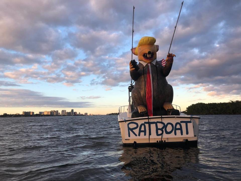 Anti-Trump activist Claude Taylor organized several boats to protest the president in the public waters outside Mar-a-Lago Monday. The 30-foot “Rat Boat” was among them.