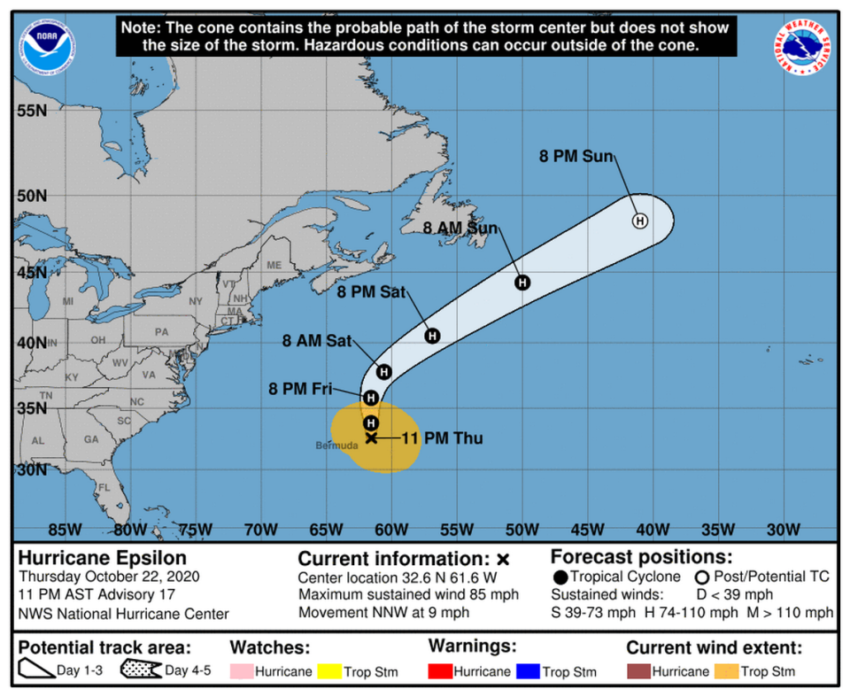 Hurricane Epsilon is passing well east of Bermuda after weakening back into a Category 1 hurricane, according to the National Hurricane Center.