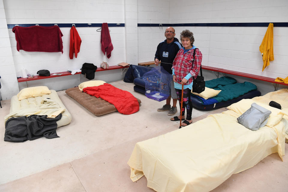 Iven Martinovic and partner Dianne Abdullah at the relief centre at Bairnsdale City Oval in Barnsdale, Victoria, Tuesday, December 31, 2019 amid bushfires.