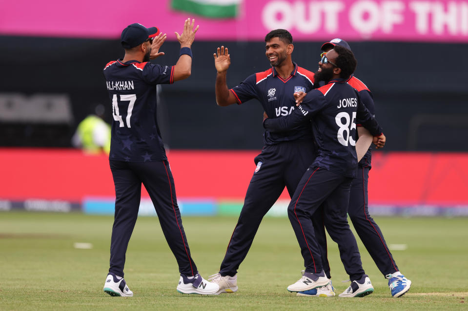NEW YORK, NEW YORK - JUNE 12: USA's Saurabh Nethralvakar celebrates after dismissing India's Virat Kohli during the ICC Men's T20 Cricket World Cup West Indies & USA 2024 match between USA and India at the Nassau County International Cricket Stadium on June 12, 2024 in New York, New York.  (Photo by Robert Cianflone/Getty Images)